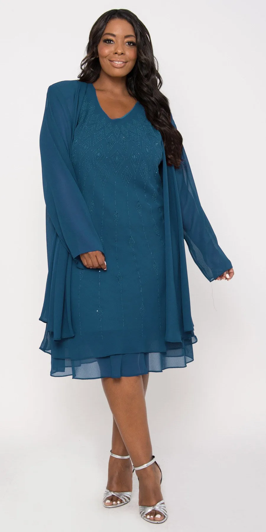 Sally Fashion 8694 Flowy Chiffon Dress Knee Length Long Sleeve Cardigan