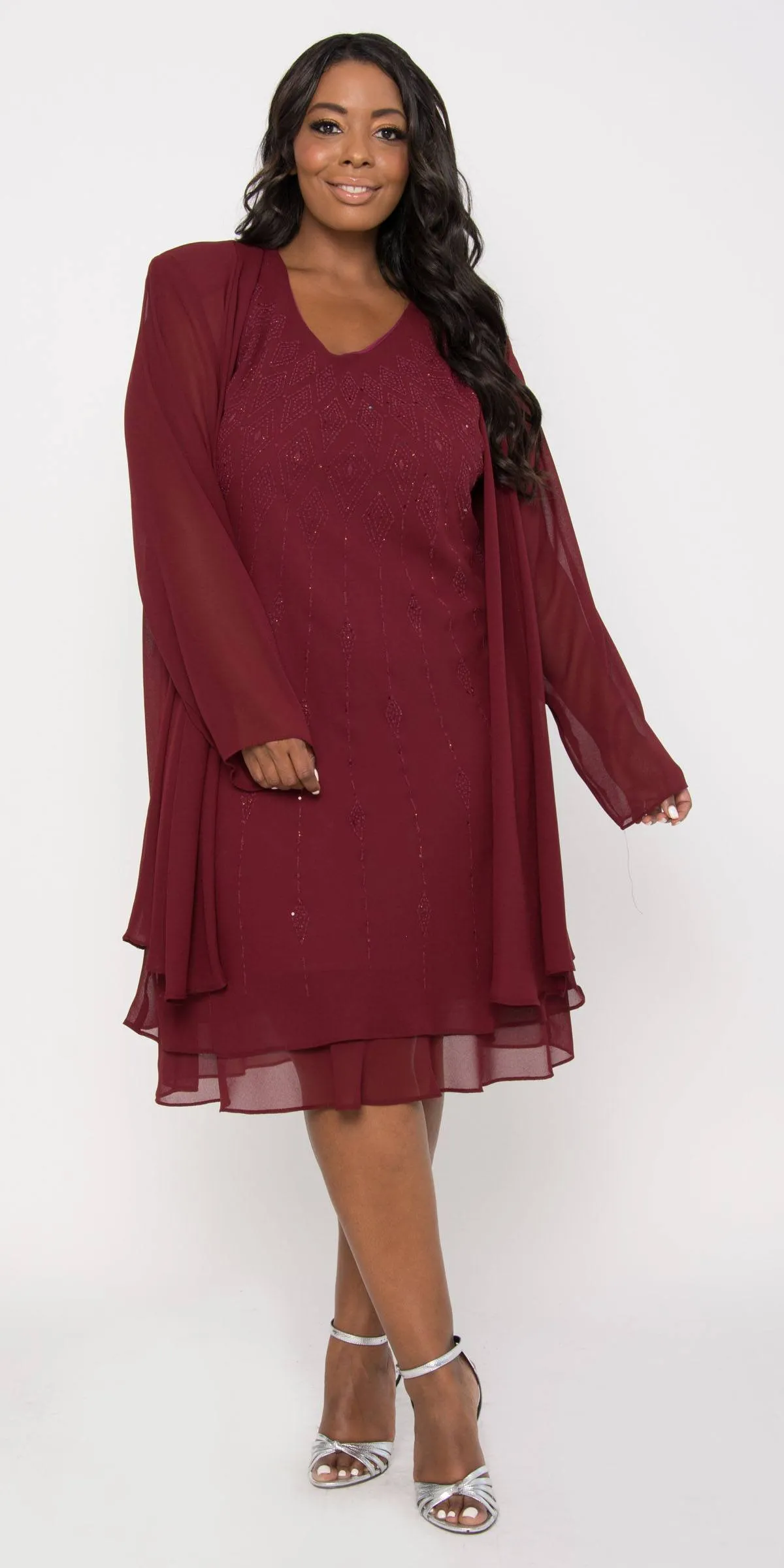 Sally Fashion 8694 Flowy Chiffon Dress Knee Length Long Sleeve Cardigan