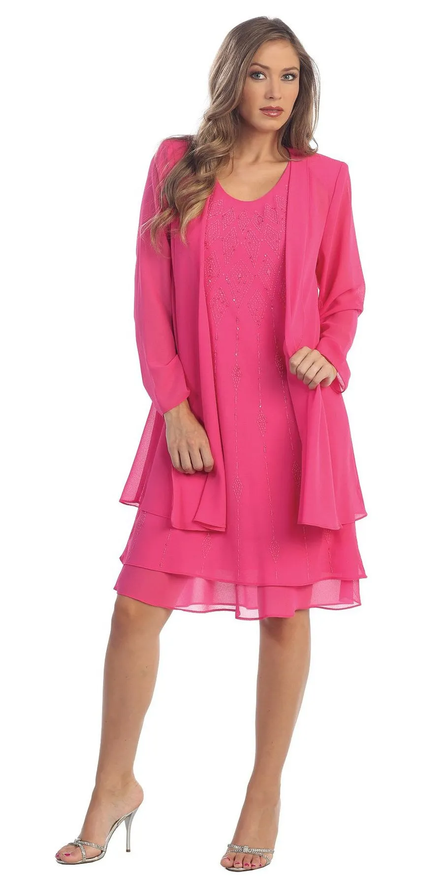 Sally Fashion 8694 Flowy Chiffon Dress Knee Length Long Sleeve Cardigan