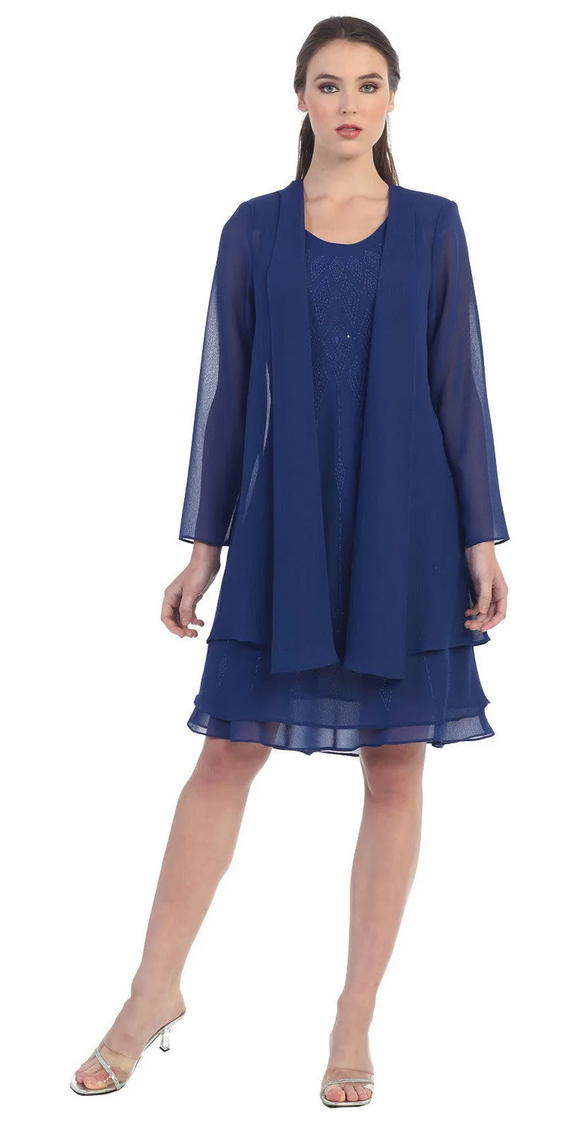 Sally Fashion 8694 Flowy Chiffon Dress Knee Length Long Sleeve Cardigan