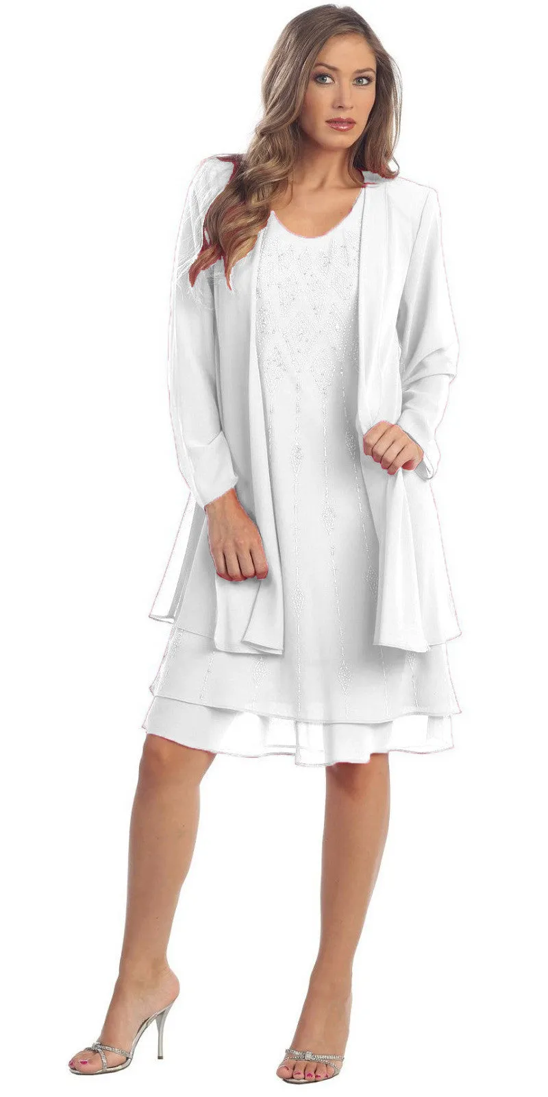 Sally Fashion 8694 Flowy Chiffon Dress Knee Length Long Sleeve Cardigan