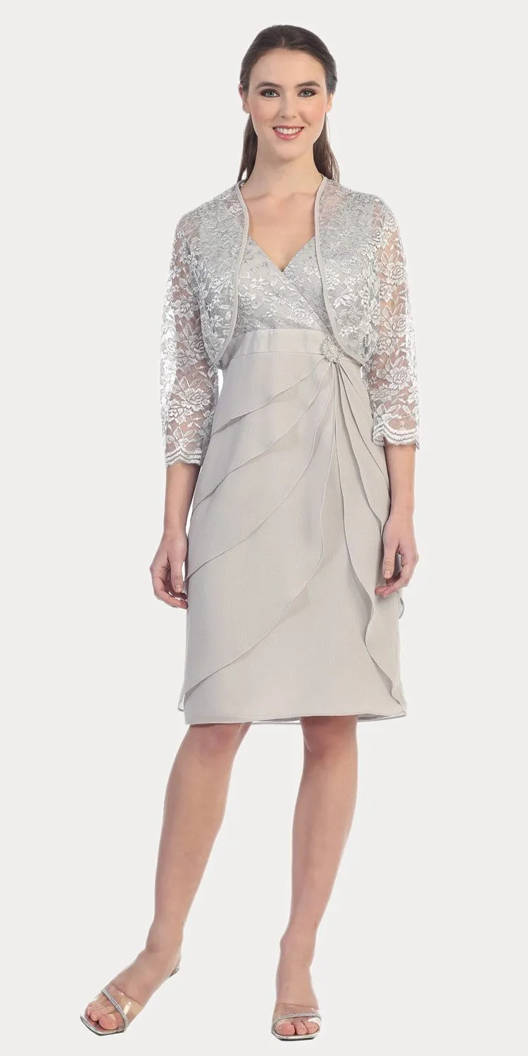 Sally Fashion 8723 Short Formal Dress V-Neck Lace Chiffon 3/4 Sleeve Jacket