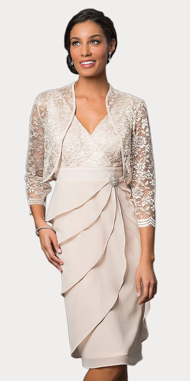 Sally Fashion 8723 Short Formal Dress V-Neck Lace Chiffon 3/4 Sleeve Jacket