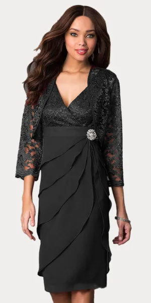 Sally Fashion 8723 Short Formal Dress V-Neck Lace Chiffon 3/4 Sleeve Jacket