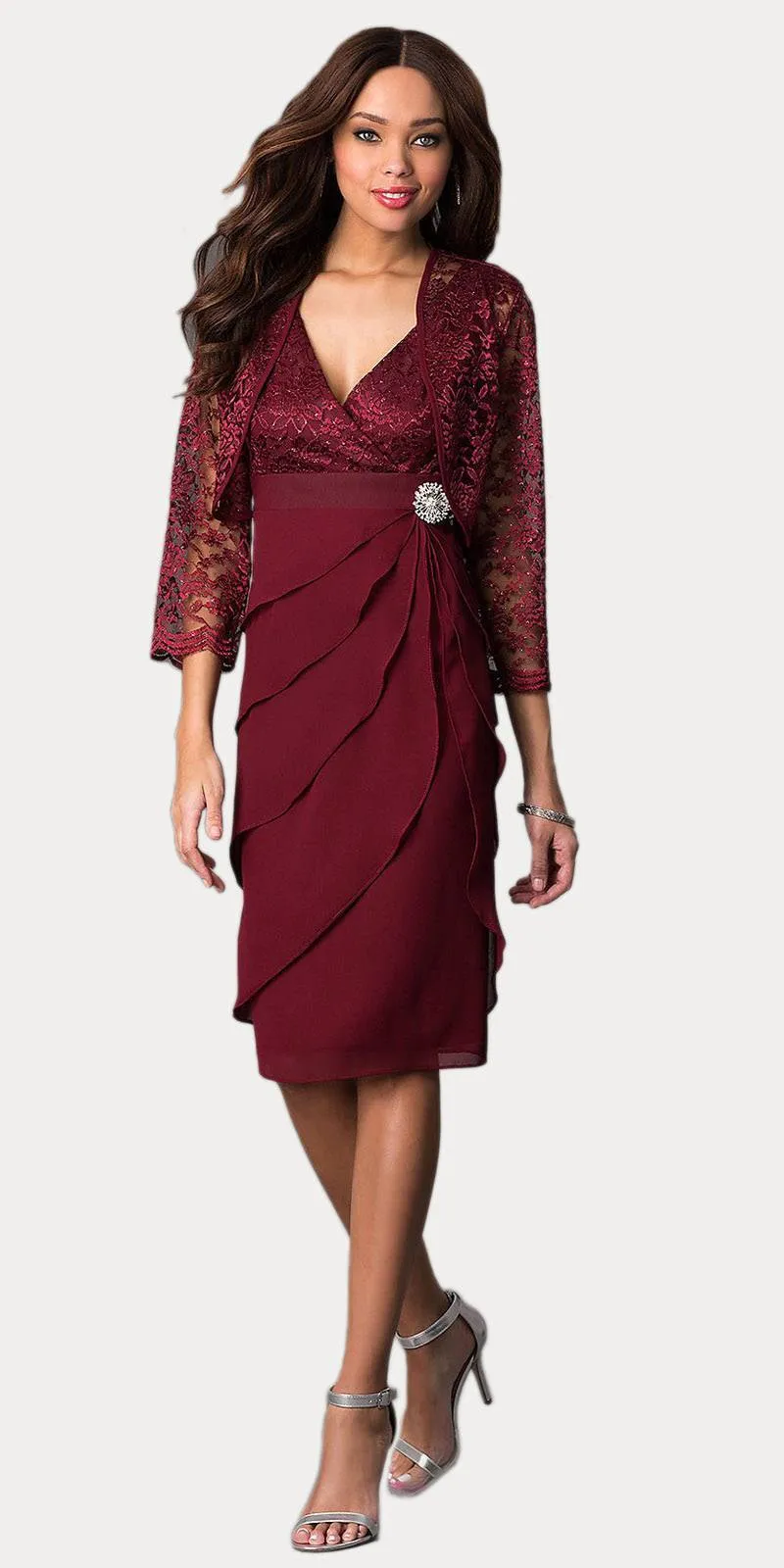 Sally Fashion 8723 Short Formal Dress V-Neck Lace Chiffon 3/4 Sleeve Jacket