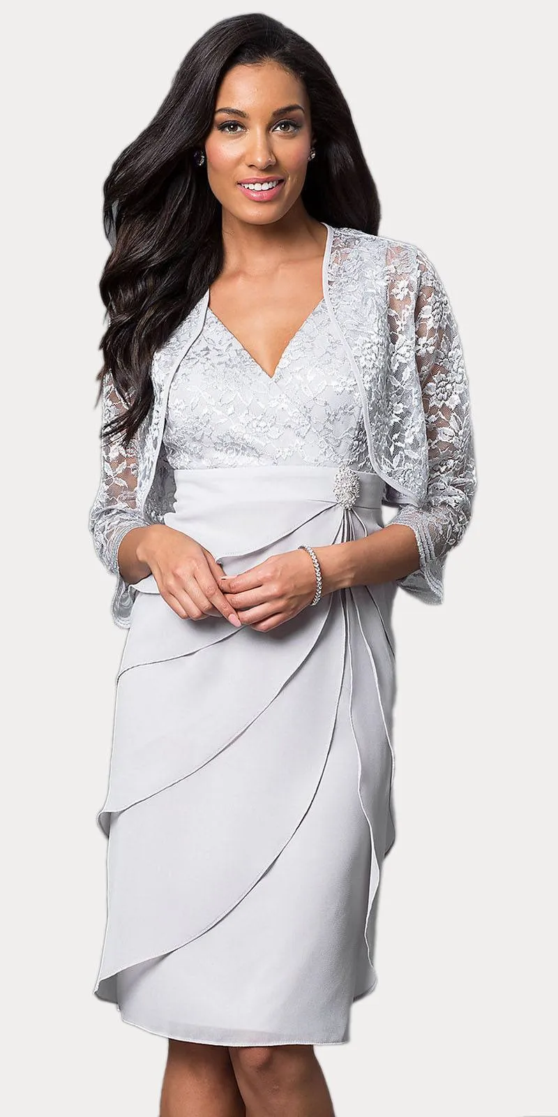 Sally Fashion 8723 Short Formal Dress V-Neck Lace Chiffon 3/4 Sleeve Jacket