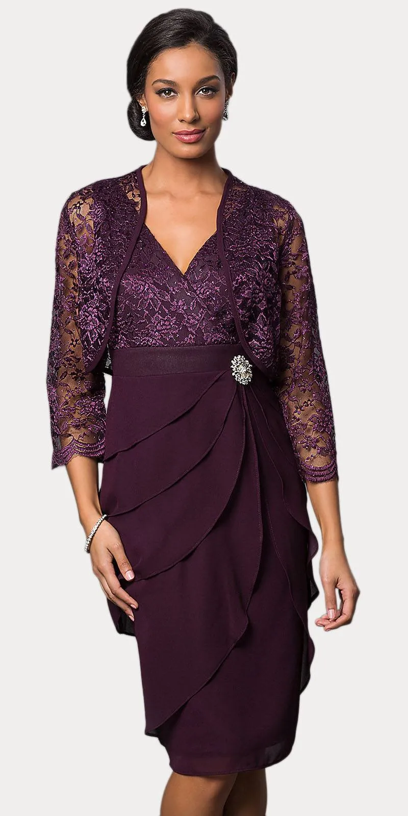 Sally Fashion 8723 Short Formal Dress V-Neck Lace Chiffon 3/4 Sleeve Jacket