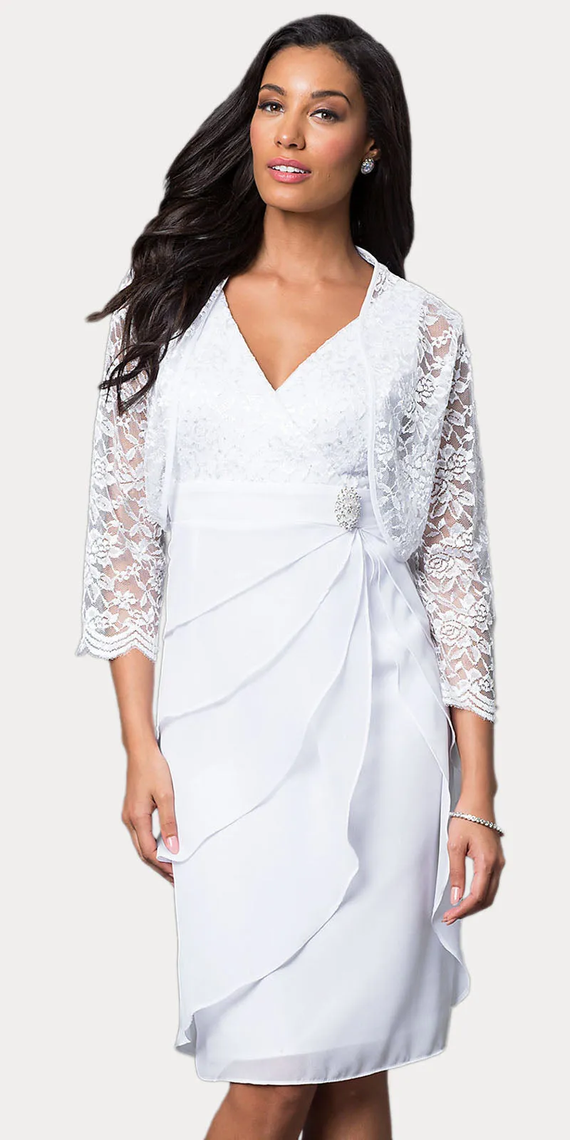 Sally Fashion 8723 Short Formal Dress V-Neck Lace Chiffon 3/4 Sleeve Jacket