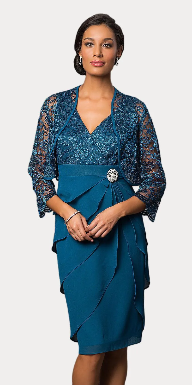 Sally Fashion 8723 Short Formal Dress V-Neck Lace Chiffon 3/4 Sleeve Jacket