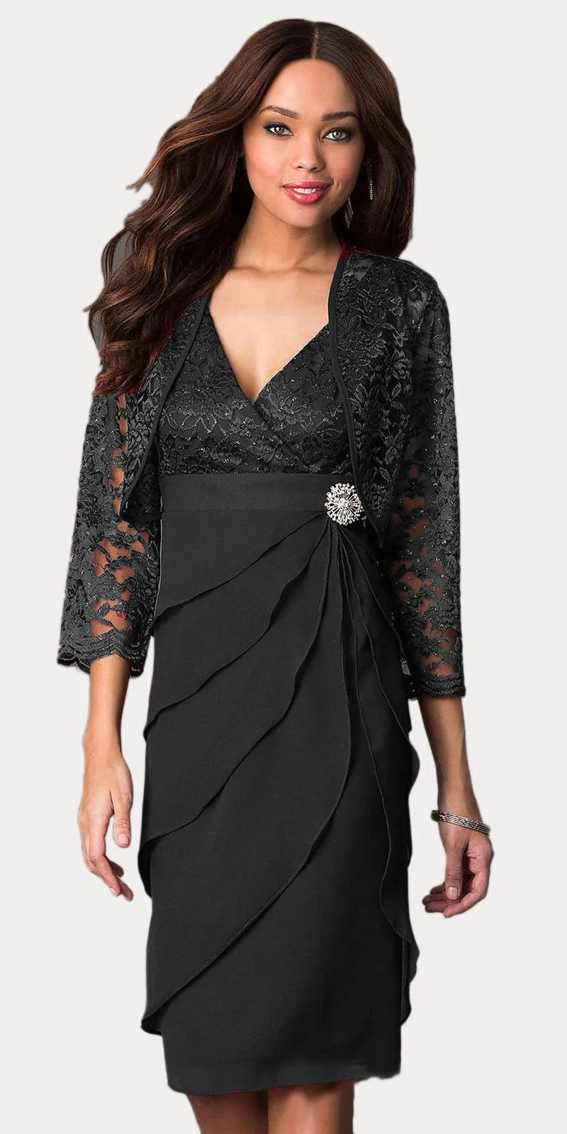 Sally Fashion 8723 Short Formal Dress V-Neck Lace Chiffon 3/4 Sleeve Jacket
