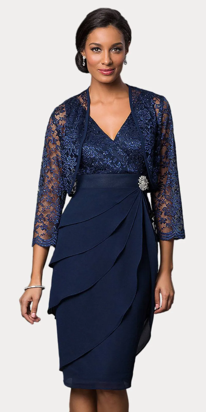 Sally Fashion 8723 Short Formal Dress V-Neck Lace Chiffon 3/4 Sleeve Jacket