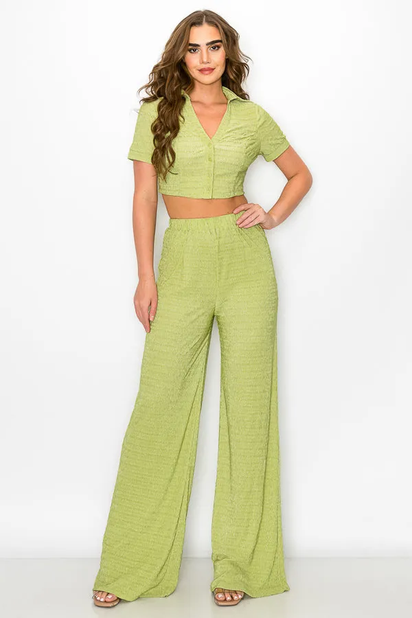 Short Sleeve Button Down Top with Pants Set