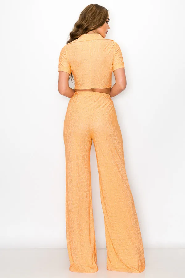 Short Sleeve Button Down Top with Pants Set