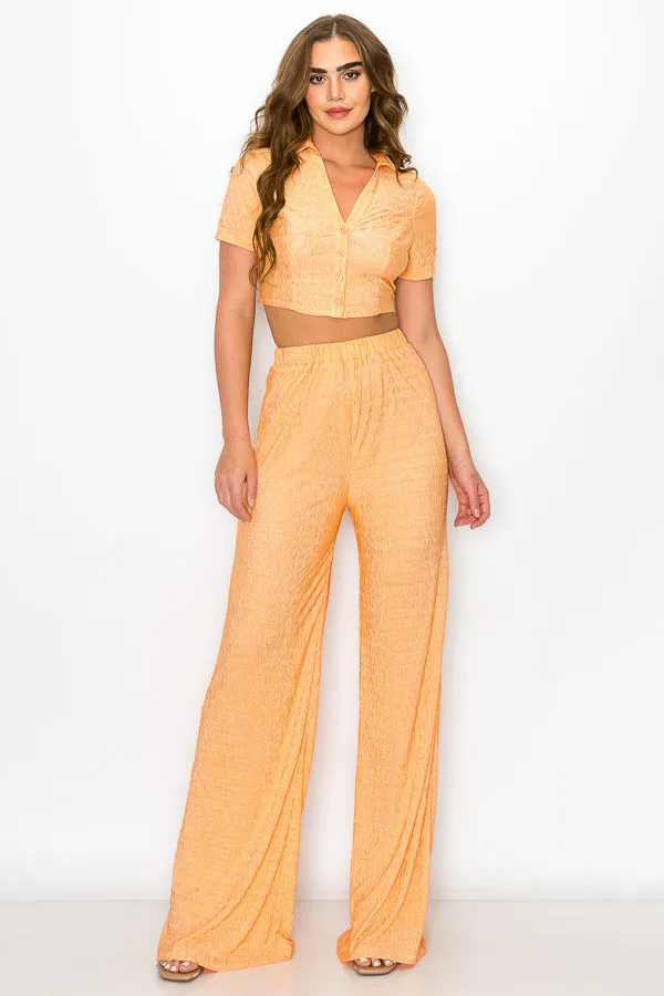 Short Sleeve Button Down Top with Pants Set