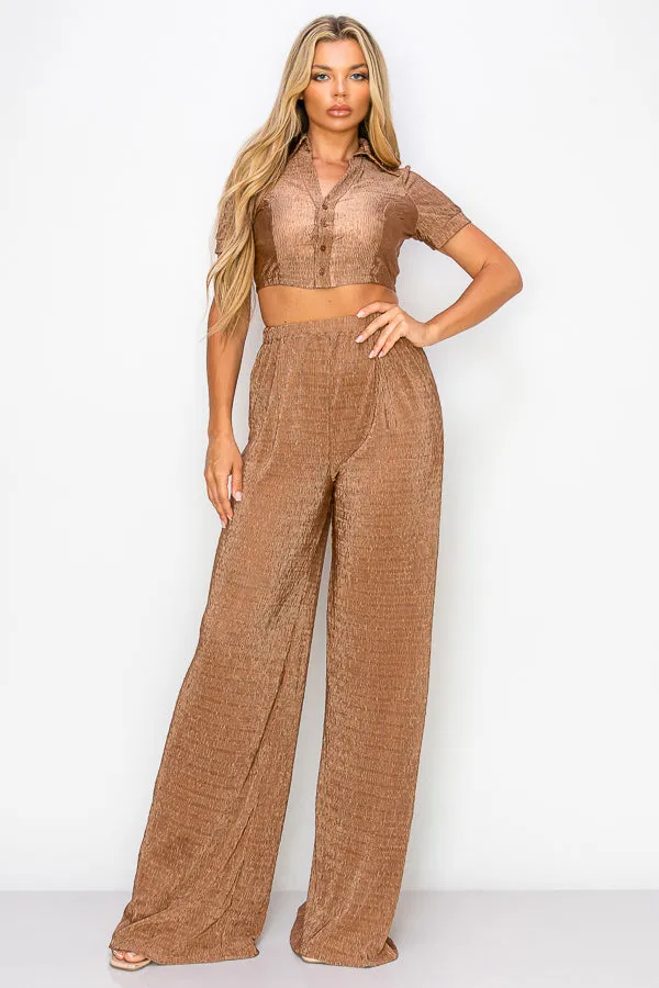 Short Sleeve Button Down Top with Pants Set