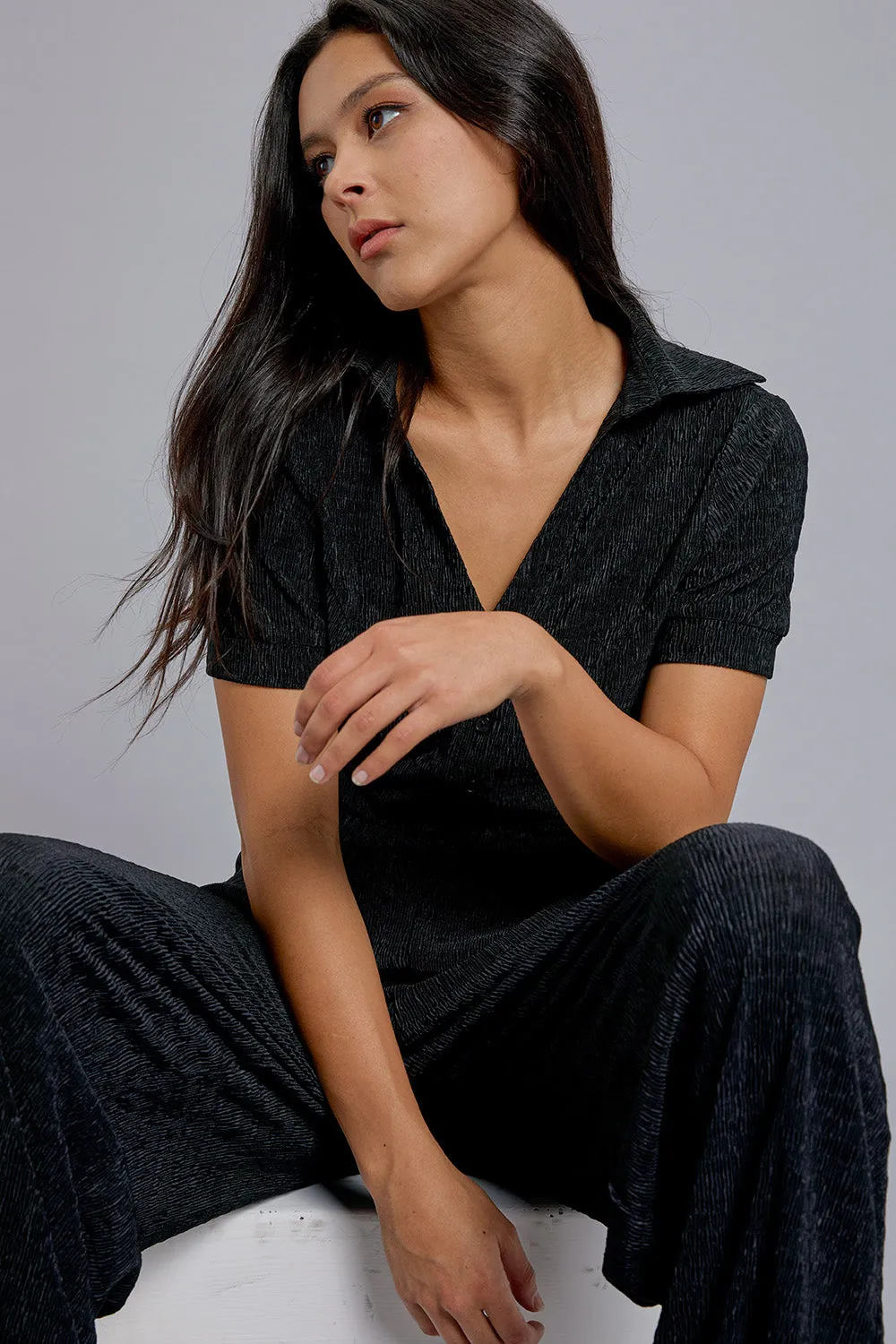 Short Sleeve Button Down Top with Pants Set