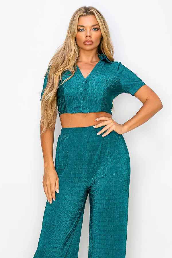 Short Sleeve Button Down Top with Pants Set