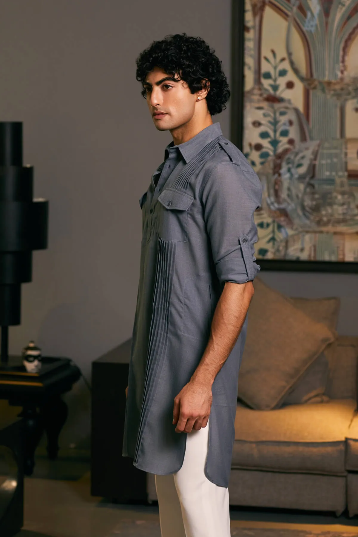 Slate gray blended linen pintuck kurta