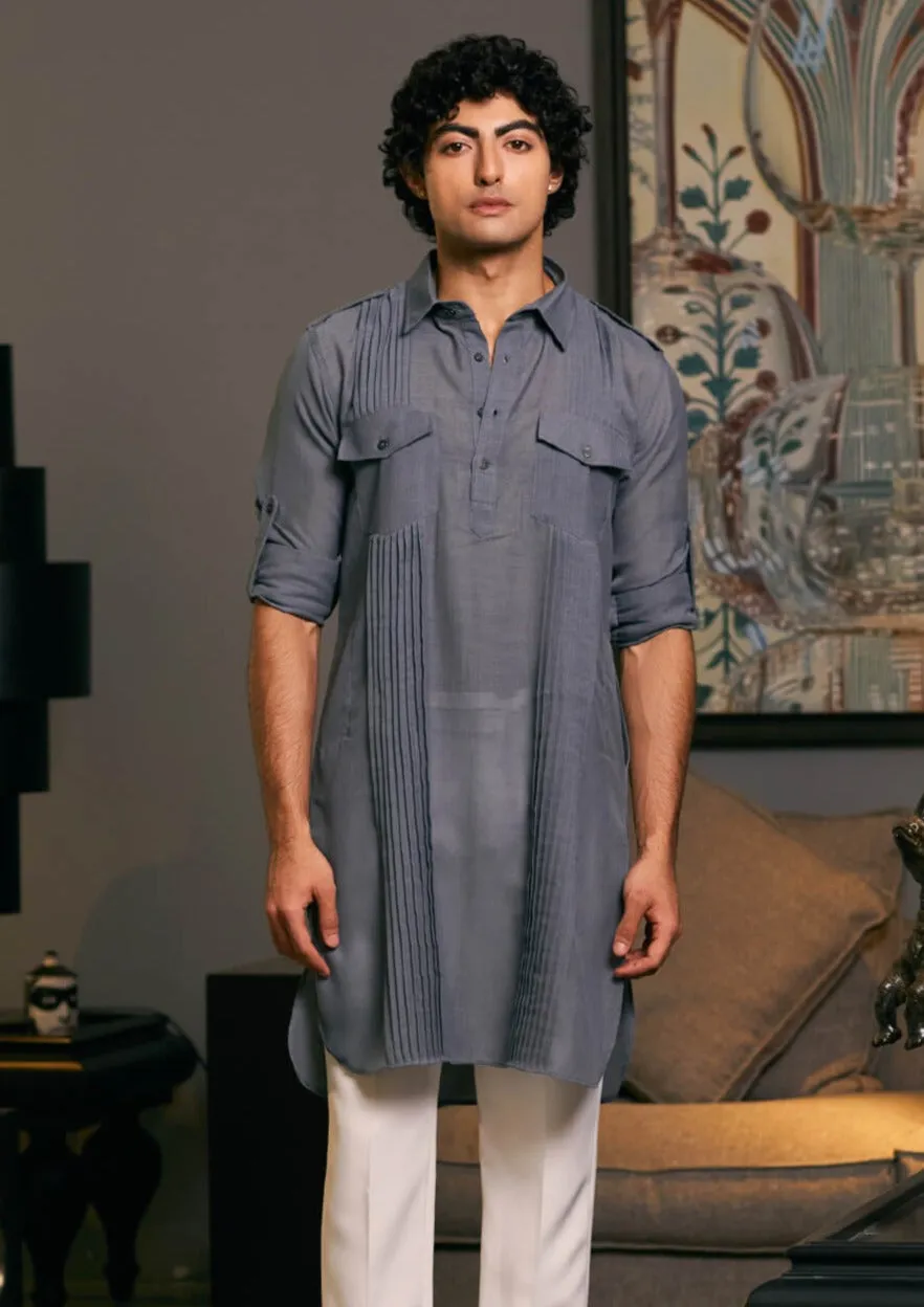 Slate gray blended linen pintuck kurta