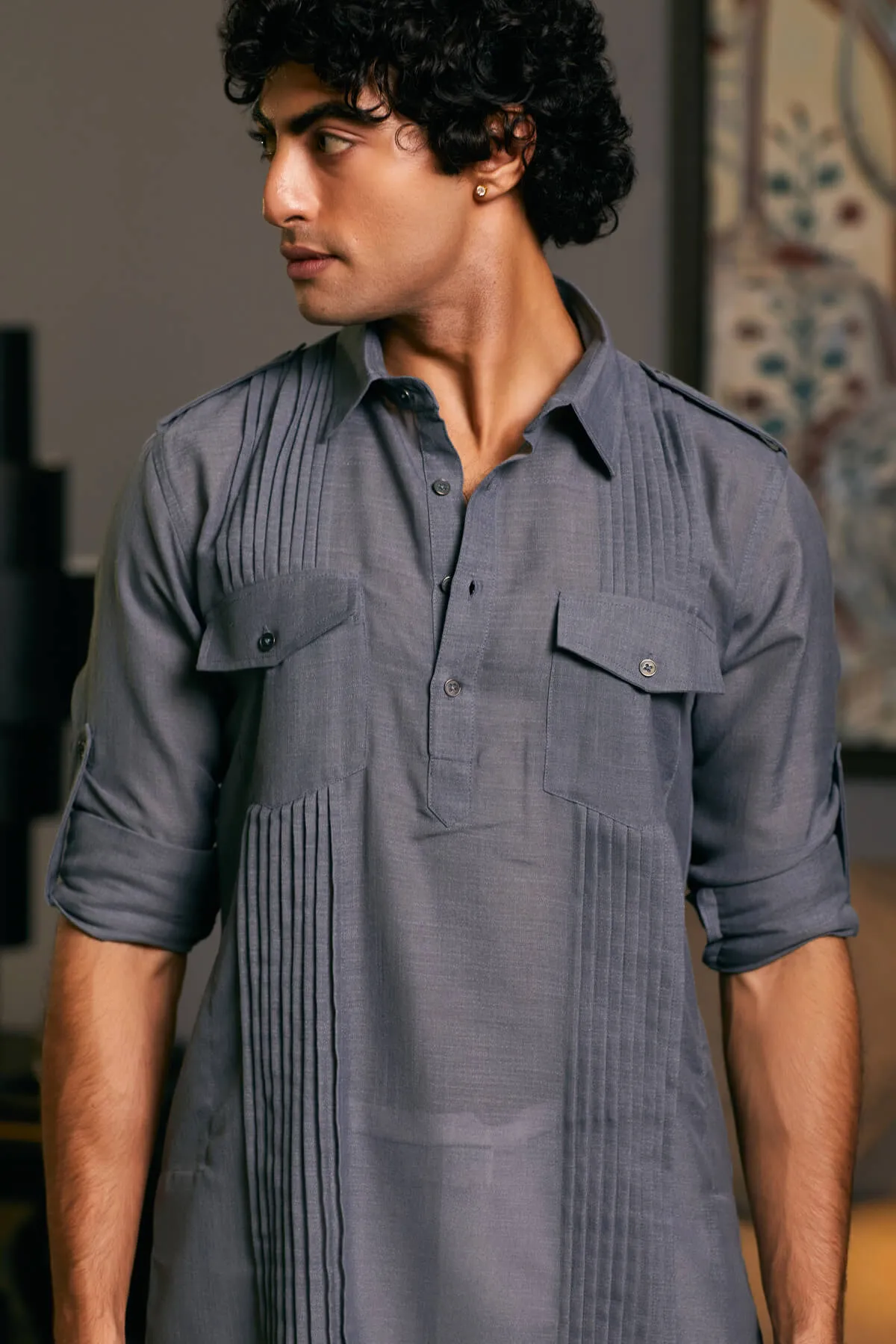 Slate gray blended linen pintuck kurta