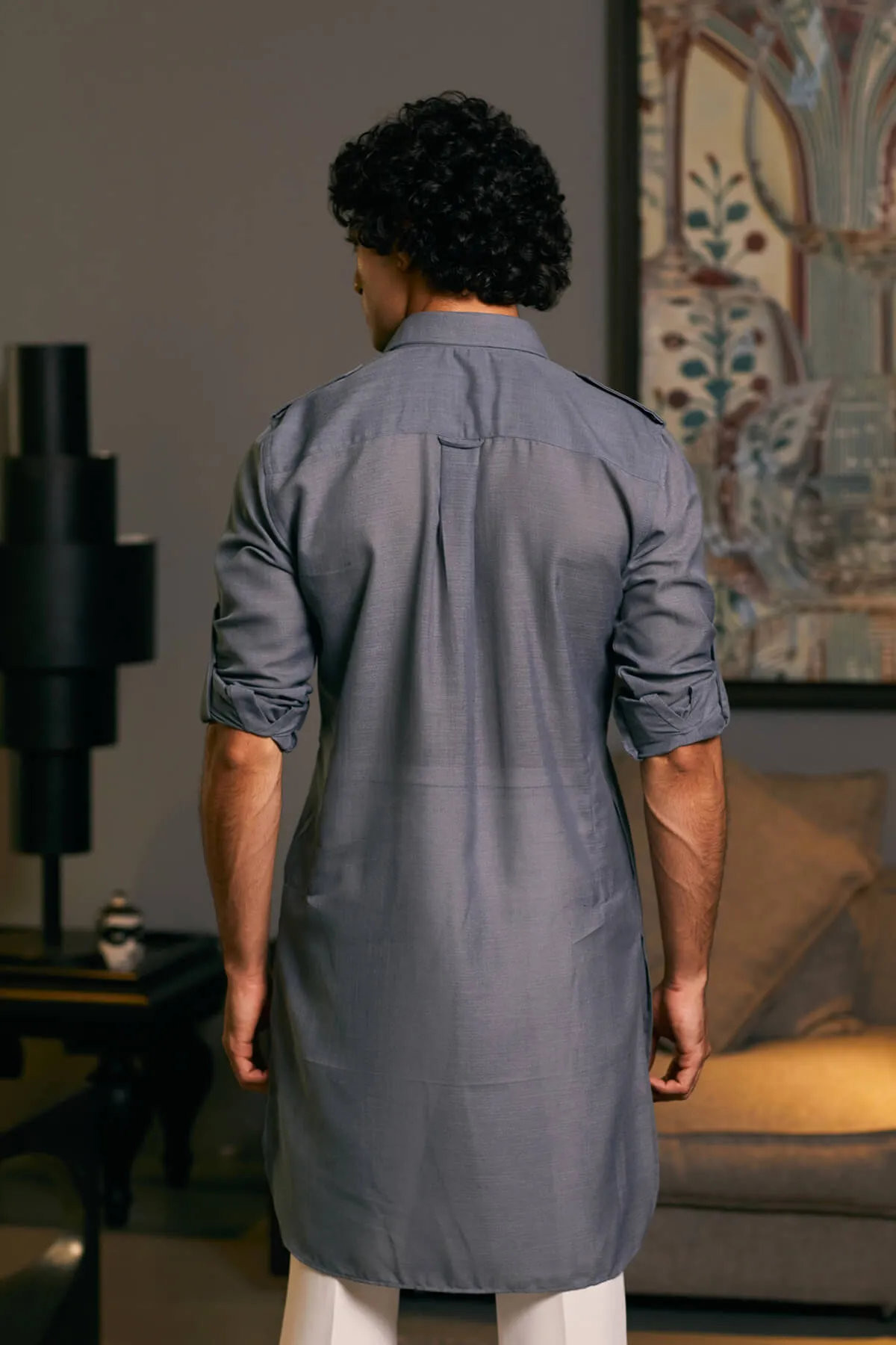 Slate gray blended linen pintuck kurta