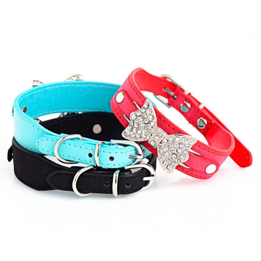 Small Dog Collar, Leather with Silver and Crystal Bow