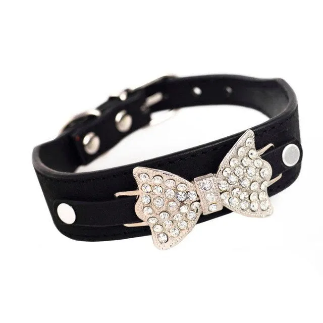 Small Dog Collar, Leather with Silver and Crystal Bow