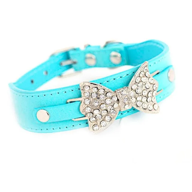 Small Dog Collar, Leather with Silver and Crystal Bow