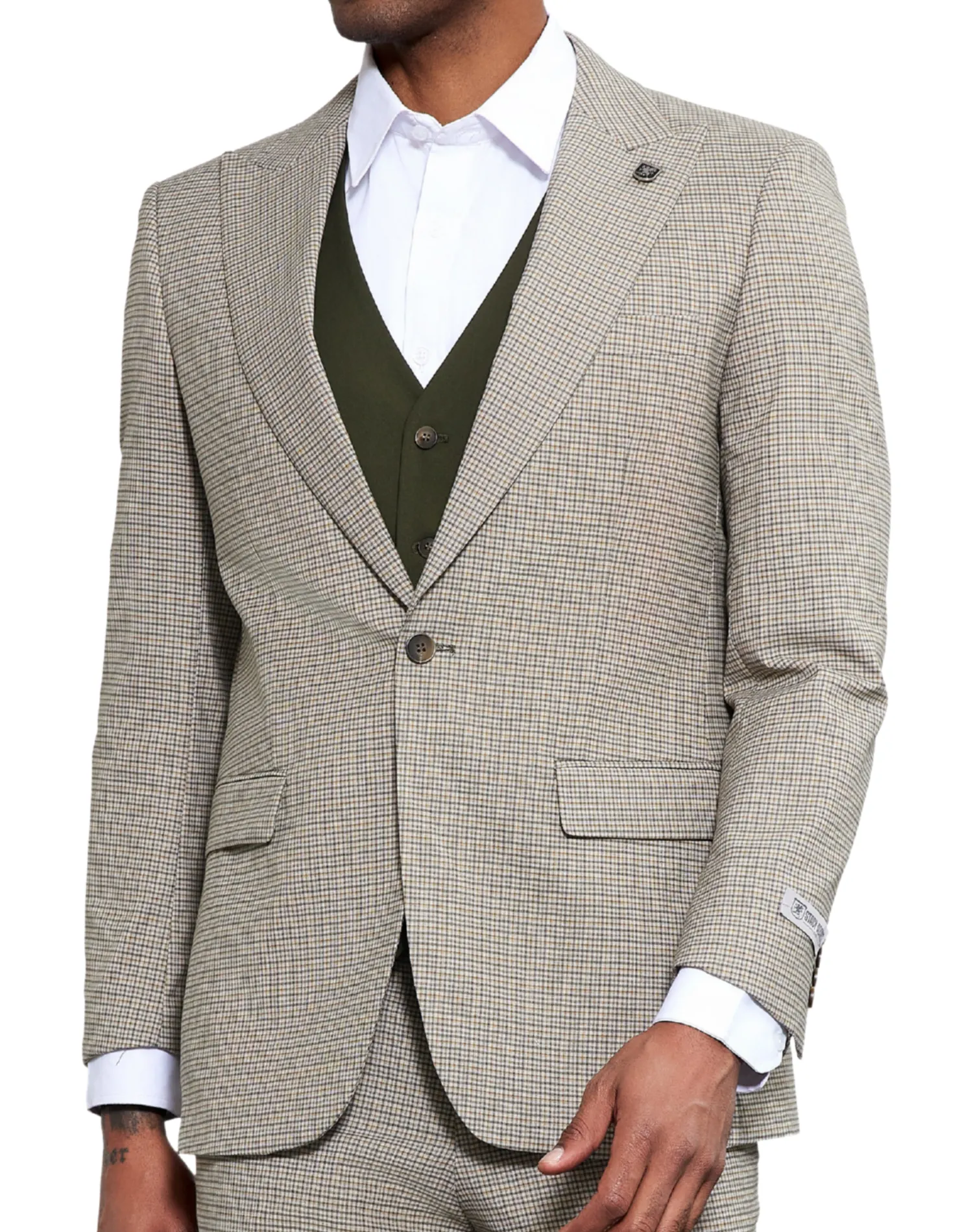Stacy Adams Glen Plaid Classic Fit Vested Suit - Beige & Green