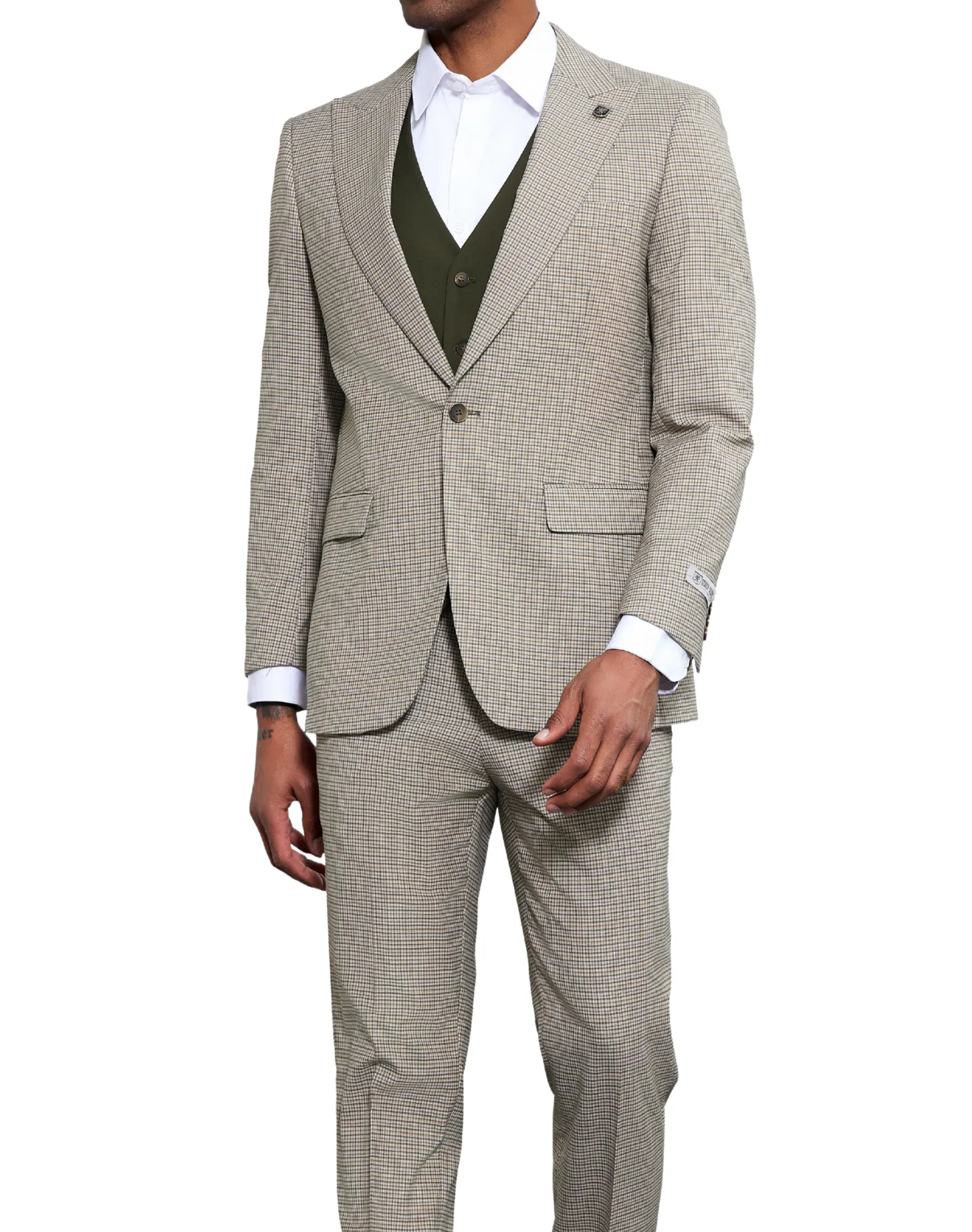 Stacy Adams Glen Plaid Classic Fit Vested Suit - Beige & Green