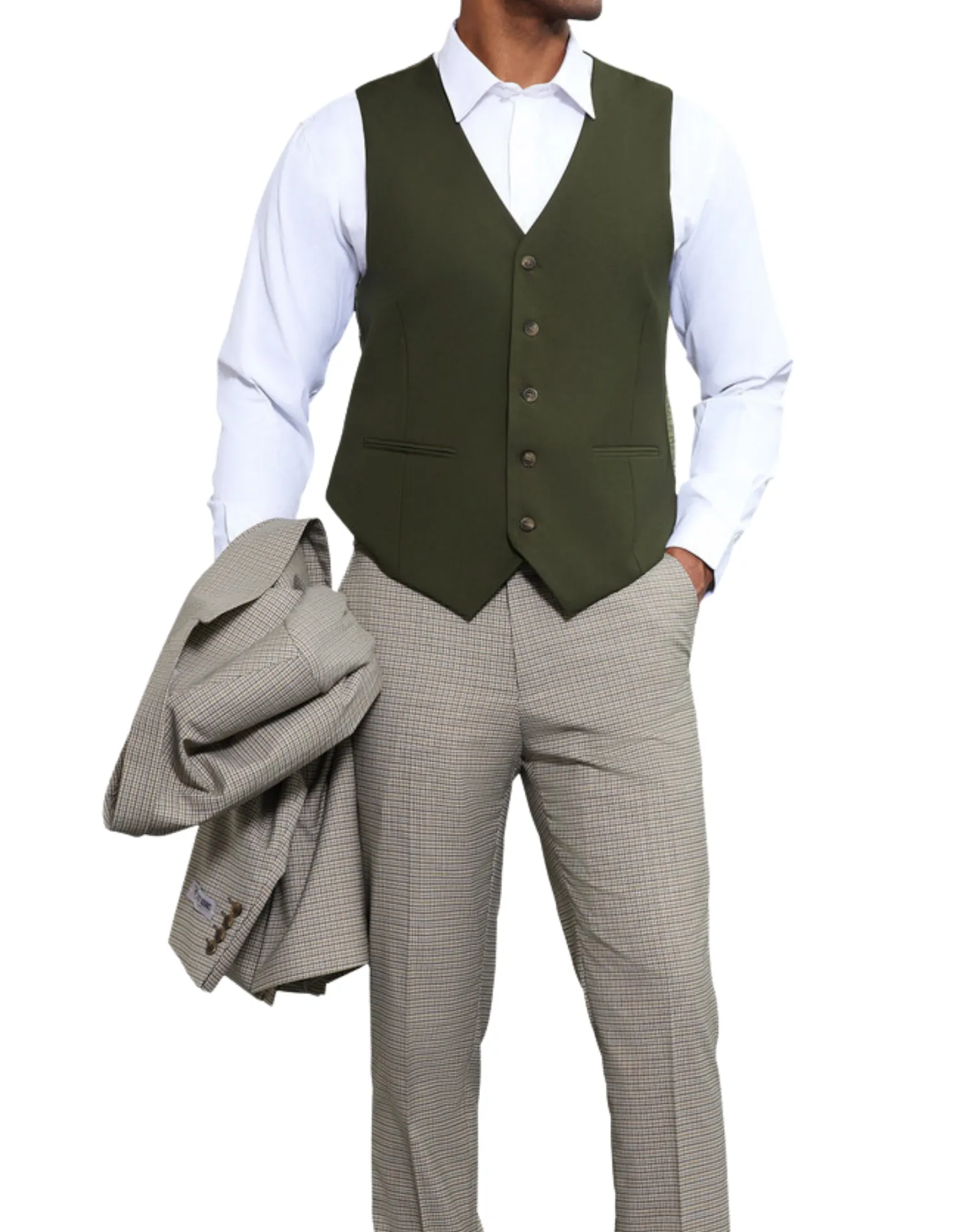 Stacy Adams Glen Plaid Classic Fit Vested Suit - Beige & Green