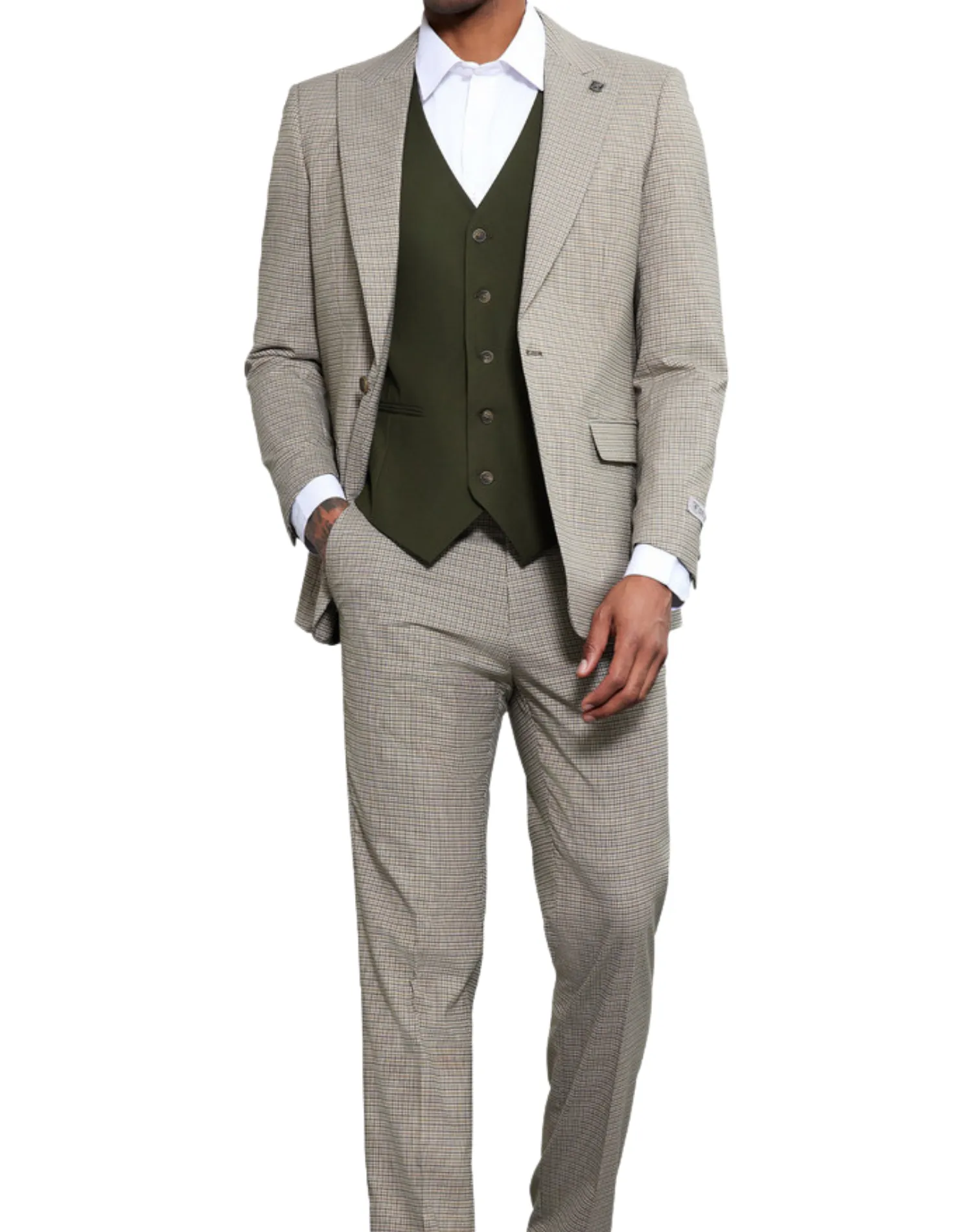 Stacy Adams Glen Plaid Classic Fit Vested Suit - Beige & Green