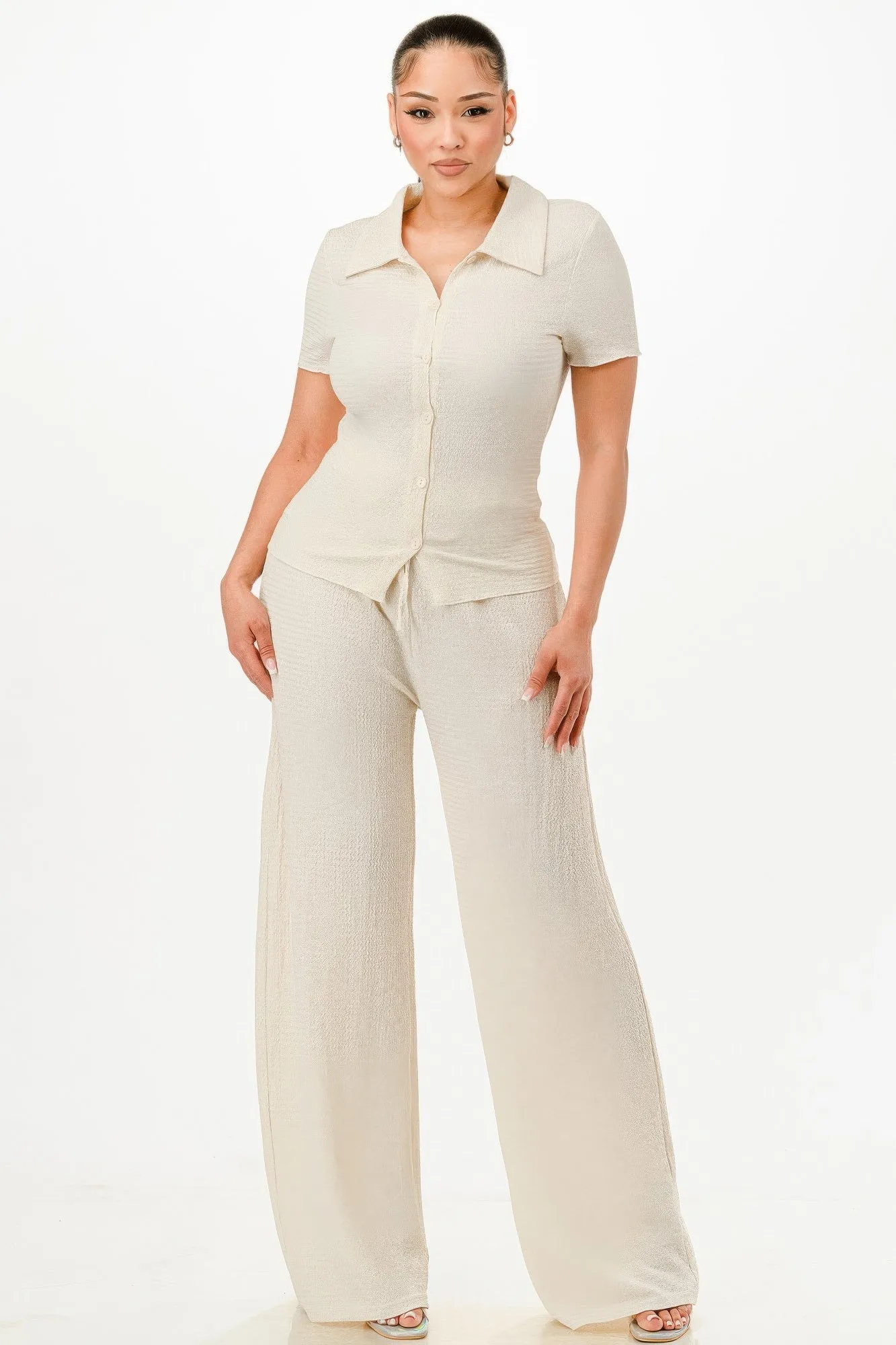 Textured Polo Top And Pants Set