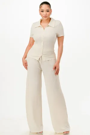 Textured Polo Top And Pants Set