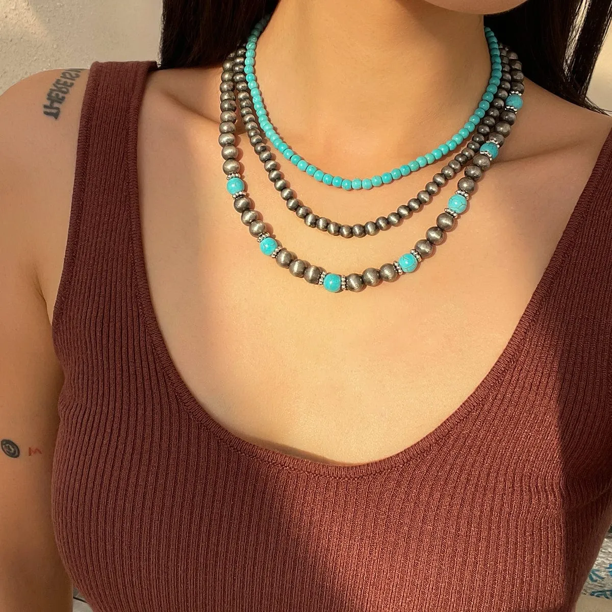 Trendy 3pcs Turquoise Beaded Chain Necklace Set
