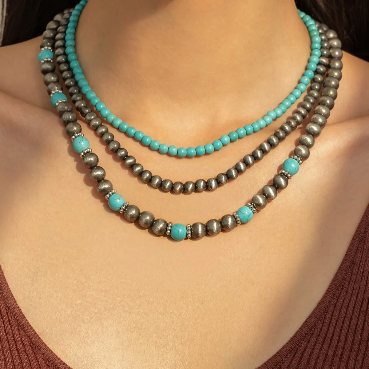 Trendy 3pcs Turquoise Beaded Chain Necklace Set