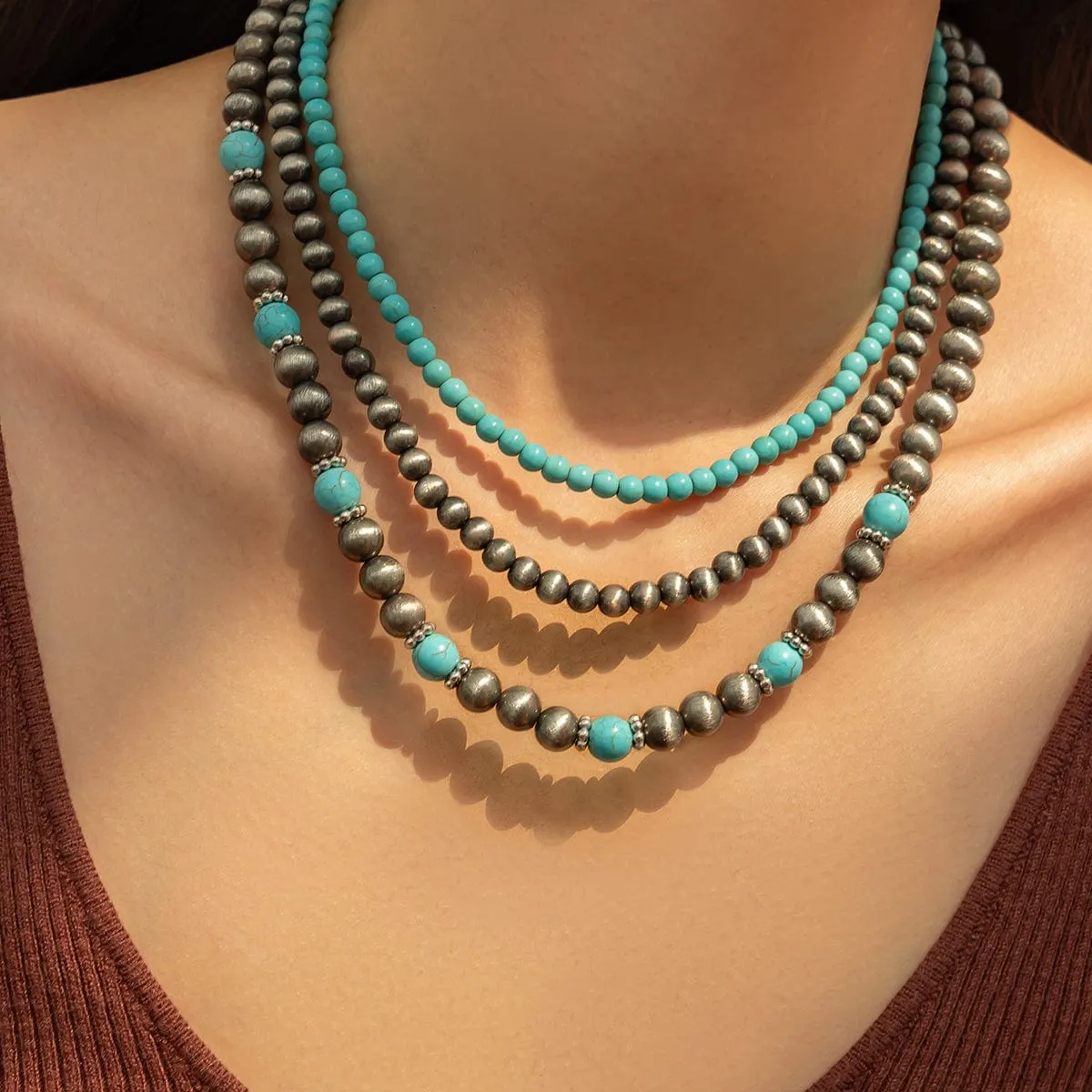 Trendy 3pcs Turquoise Beaded Chain Necklace Set