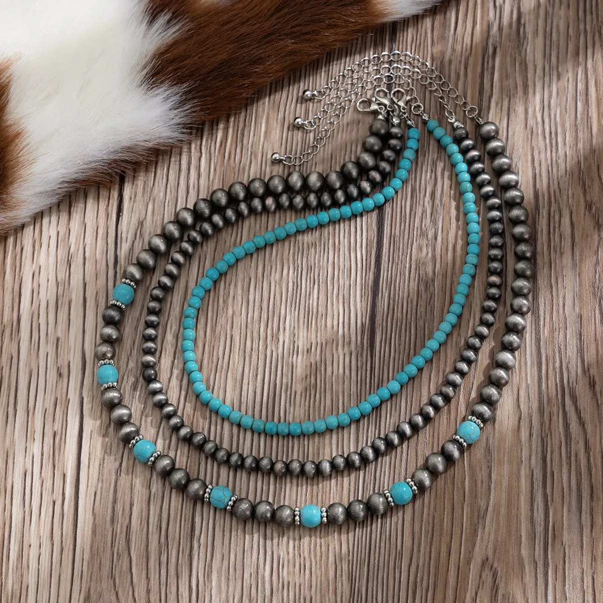 Trendy 3pcs Turquoise Beaded Chain Necklace Set