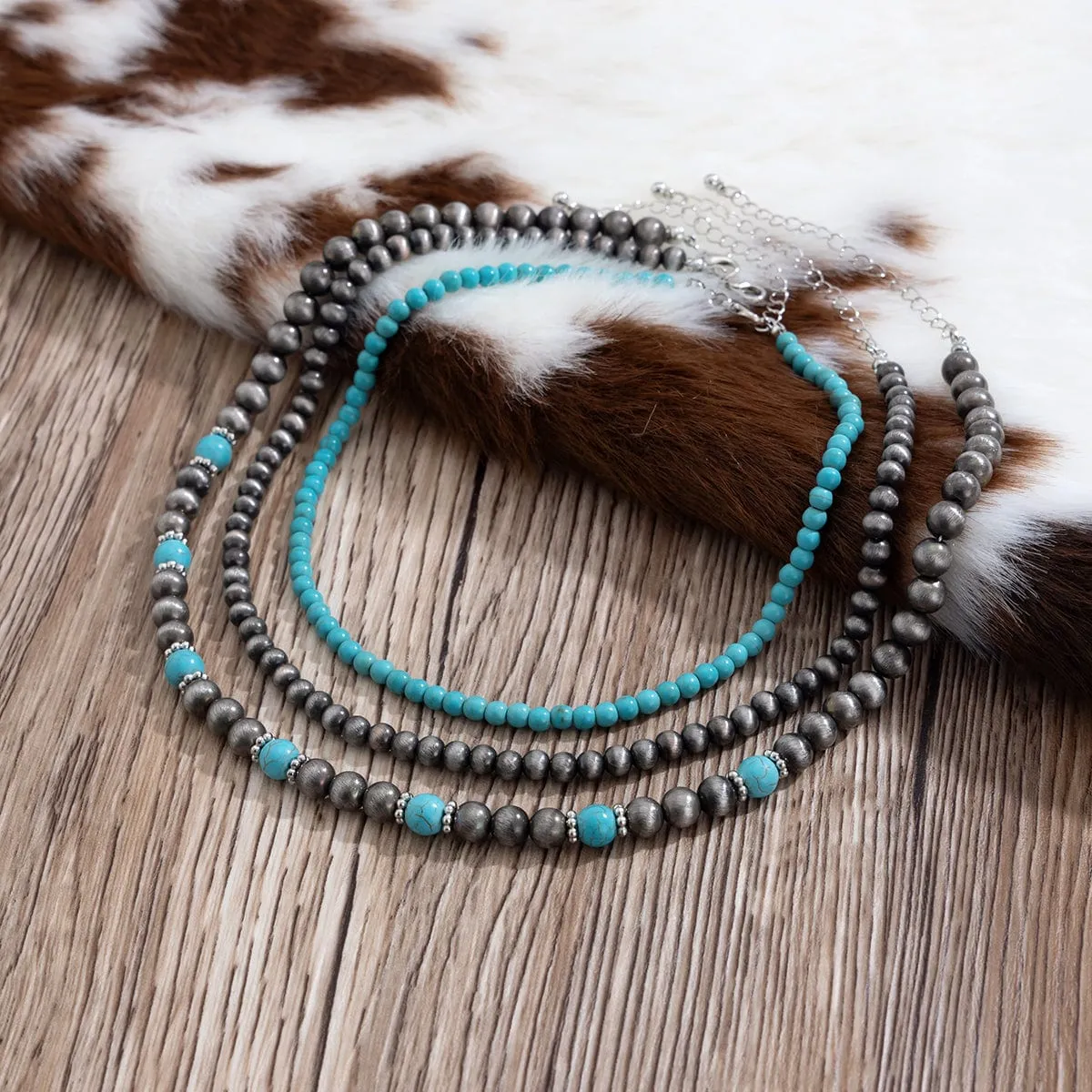 Trendy 3pcs Turquoise Beaded Chain Necklace Set