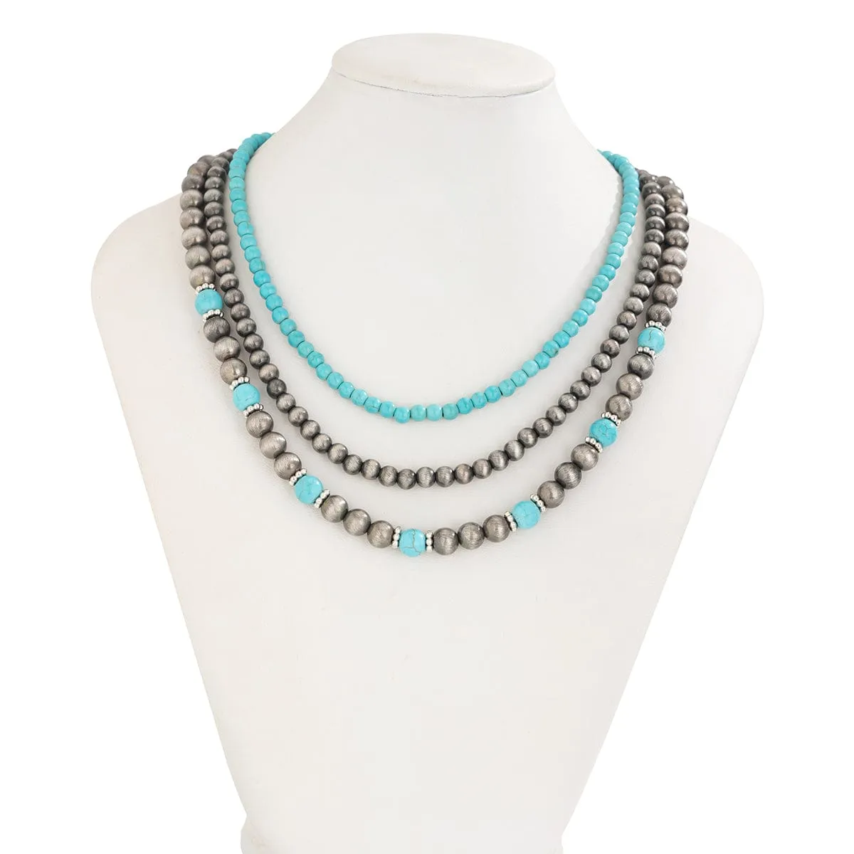 Trendy 3pcs Turquoise Beaded Chain Necklace Set