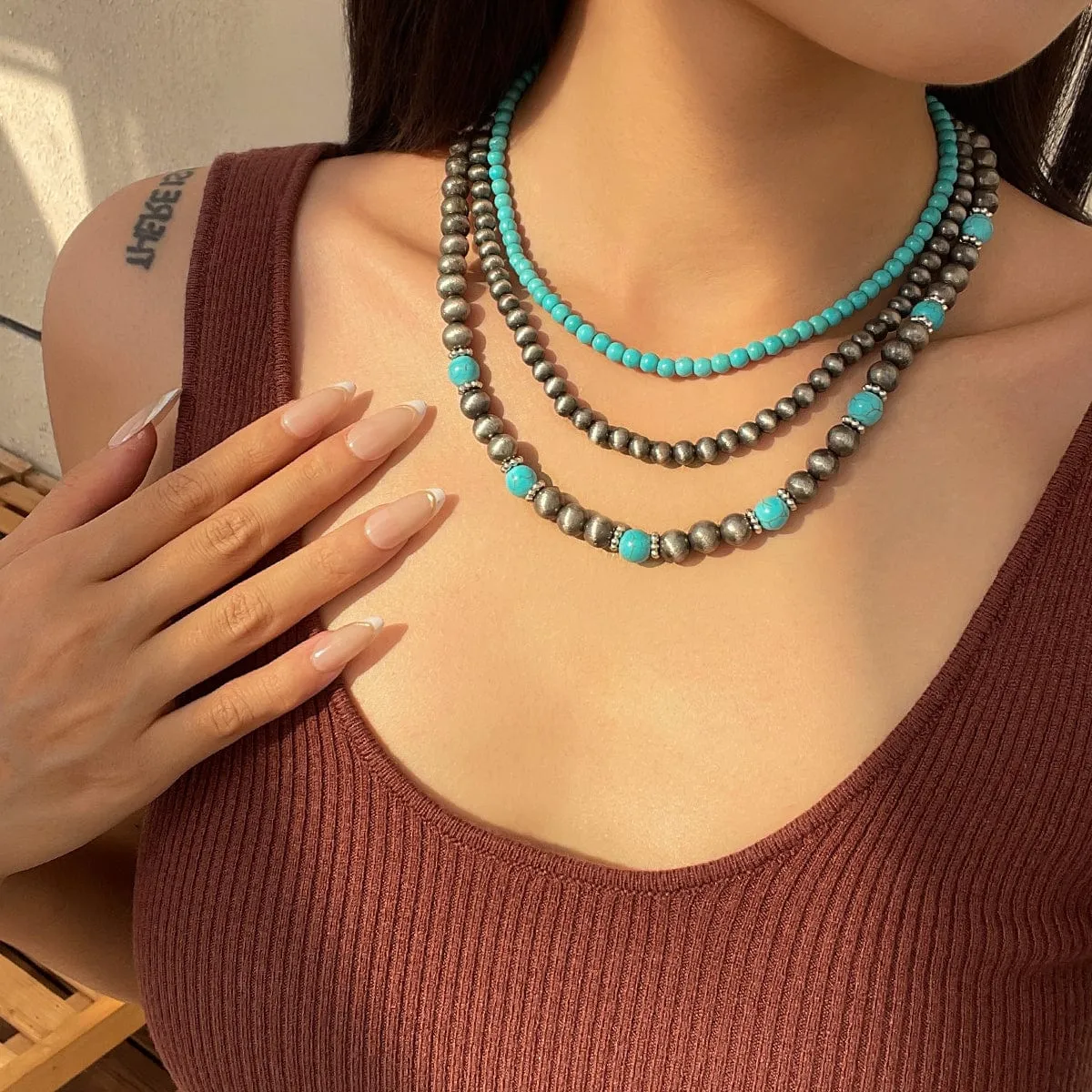 Trendy 3pcs Turquoise Beaded Chain Necklace Set