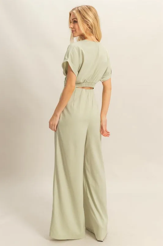 Twisted Front Short Sleeve Top and Wide Leg Pants Set