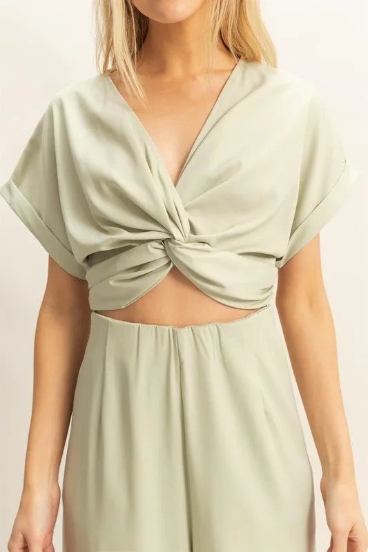 Twisted Front Short Sleeve Top and Wide Leg Pants Set