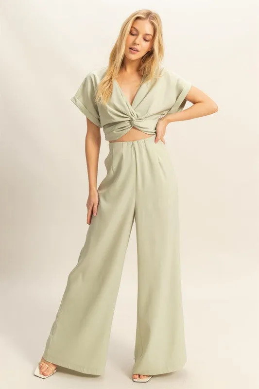 Twisted Front Short Sleeve Top and Wide Leg Pants Set