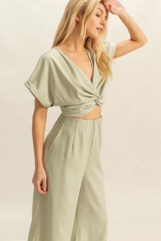 Twisted Front Short Sleeve Top and Wide Leg Pants Set