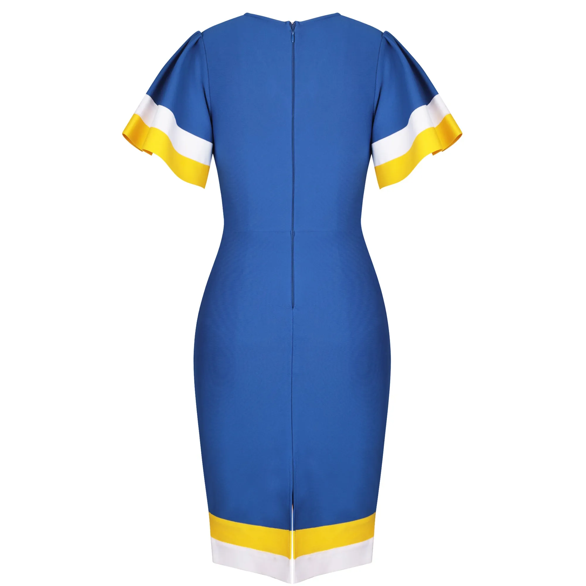 V Neck Short Sleeve Frill Over Knee Bandage Dress PP091911