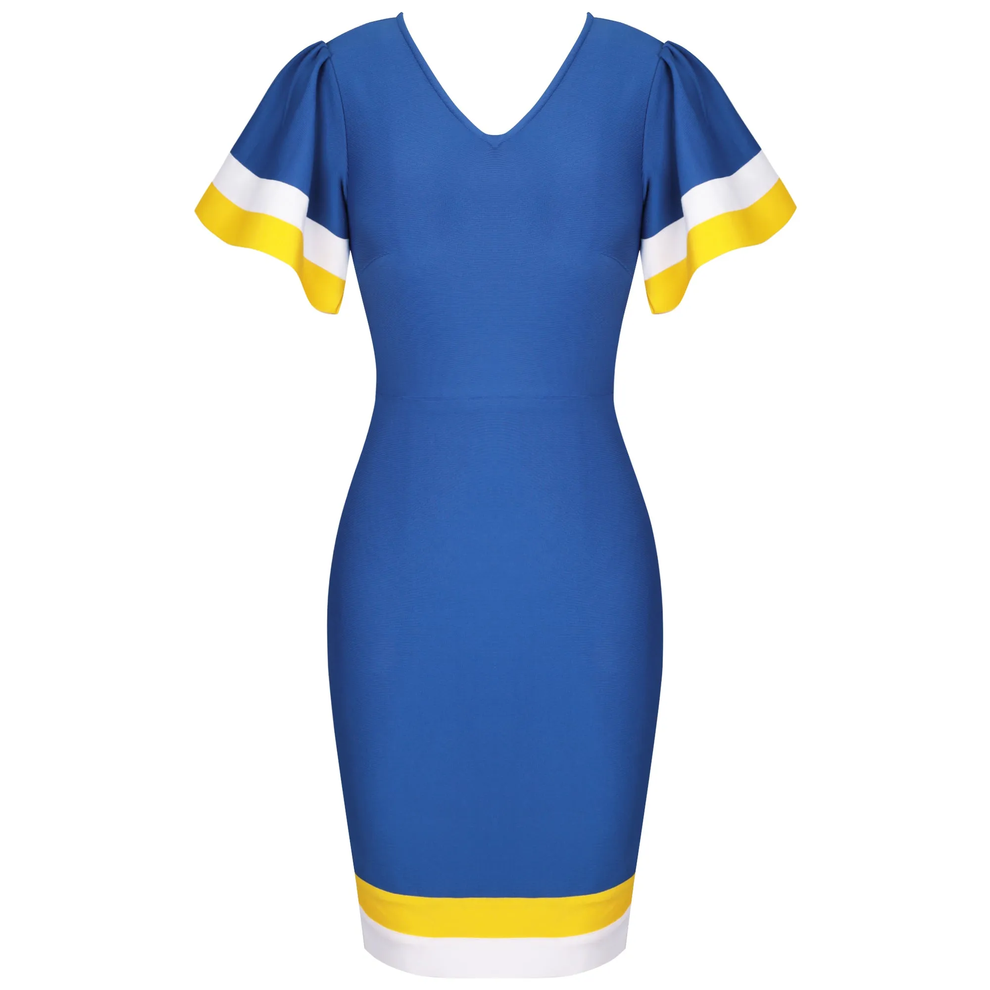 V Neck Short Sleeve Frill Over Knee Bandage Dress PP091911