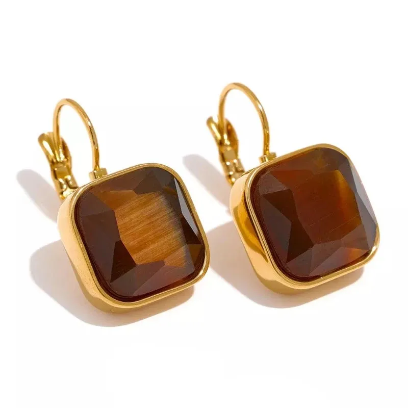 Vintage Square Opal Hook Earrings 18k Gold Women Jewelry