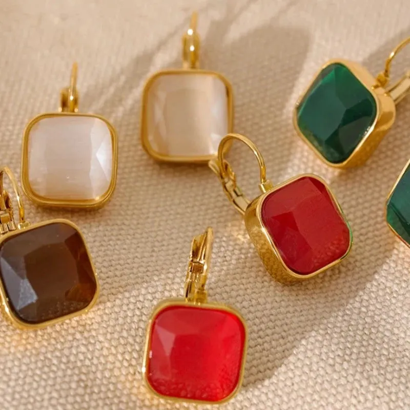 Vintage Square Opal Hook Earrings 18k Gold Women Jewelry