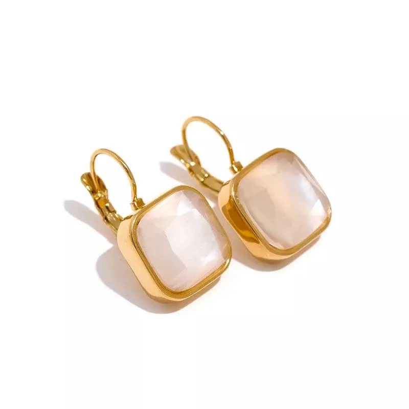 Vintage Square Opal Hook Earrings 18k Gold Women Jewelry